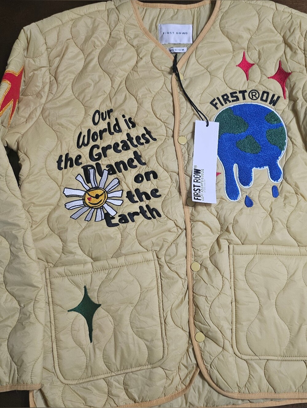 Womens First Row Yellow Quilted Jacket Size Medium "Greatest Earth"